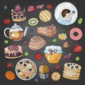 Set of different elements for breakfast morning on blackboard. Breakfast doodle collection