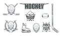 Set of different elements for hockey playing. Hockey helmet. Professional ice skates illustration. Skull with hockey helmet.