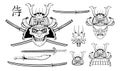 Set of different elements of samurai design - samurai mask, helmet, Japanese sword, katana sword, Chinese dragon and skull.