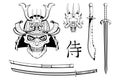 Set of different elements of samurai design - samurai mask, helmet, Japanese sword, katana sword. Mask of a samurai warrior