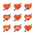 Set of different emoticons emoji heart faces with arrow isolated on the white background. Happy and sad faces