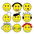 Set of different emoticons. Smiley: vampire, artist, chef, angel, music lover, smile, tears, love, bully.