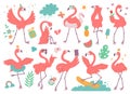 Set different emotion pink flamingos cartoon characters flat illustration isolated on white background. Royalty Free Stock Photo