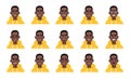 Set of different emotions of a black guy in a yellow hoodie. Facial expression. Smile, happiness, anger, sadness, surprise, fear Royalty Free Stock Photo