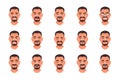 Set of different emotions of a cute white bearded guy. Facial expression of handsome man with mustache and goatee. Smile,