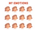 Set of different emotions of a girl. Poster for the development of emotional intelligence in children. Facial