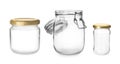 Set with different empty glass jars on background Royalty Free Stock Photo