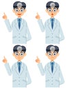 A vector illustration set of 4 types of facial expressions of a doctor wearing a white coat and a binocular mirror.