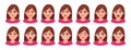 Set of different facial expressions female character. Collection of young woman feelings. Beautiful girl emoji Royalty Free Stock Photo