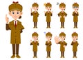 A set of 9 different facial expressions and gestures for a female detective