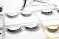 Set with different false eyelashes in packs as background Royalty Free Stock Photo