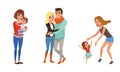 Set of Different Families with Kids, Happy Couple in Love, Single Mothers and Children Cartoon Style Vector Illustration