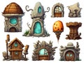 Set of different fantasy elements. Doors to the house, towers and rocks. Game graphics. AI Generated