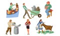 Set of different farmer people characters in various actions. Vector illustration in flat cartoon style.