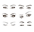 Set of different female eyes with long eyelashes, hand drawn vecor illustration Royalty Free Stock Photo