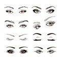 Set of different female eyes with long eyelashes, hand drawn vecor illustration Royalty Free Stock Photo