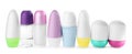 Set of different female roll-on deodorants on white