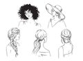 Set of different female summer hairstyles vector black and white sketch