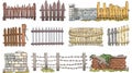 Set of different fences for gardens, farm paddocks, houses, terraces, backyards, and ranches. Modern cartoon set of Royalty Free Stock Photo