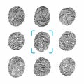 Set of different fingerprints. Police scanner for criminal identity. Vector monochrome illustrations