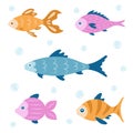 Set of different fish. Ocean life and wild animals theme. Cute cartoon sea characters for kids. Royalty Free Stock Photo