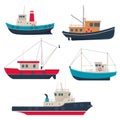 Set of different fishing boats and tug boats