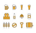 Set of different flat line beer icons isolated on white background. Beer bottle, glass, opener, hop, six-pack and more. - Vector Royalty Free Stock Photo