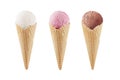 Set of different flavor ice cream cones in crisp waffle cone - white, pink, brown - chocolate, isolated on white.