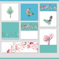 Set with different floral spring templates with birds. Cards for your design and advertisement Royalty Free Stock Photo