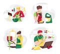 Set of different food bloggers. Men and women make online cooking course. Collection of chefs preparing in kitchen