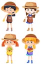 Set of different four girls in gardening outfits