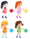 Set of different four girls holding watering can