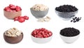 Set with different freeze dried berries and bananas on white background Royalty Free Stock Photo