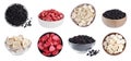 Set with different freeze dried berries and bananas on white background. Banner design Royalty Free Stock Photo