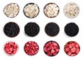 Set with different freeze dried berries and bananas on white background, top view Royalty Free Stock Photo