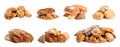 Set with different fresh loaves of bread and pastries on background Royalty Free Stock Photo