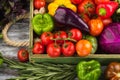 Set of different fresh raw colored vegetables in the wooden tray, light wooden background Royalty Free Stock Photo