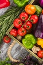 Set of different fresh raw vegetables in the wooden tray, light background Royalty Free Stock Photo