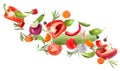 Set of different fresh vegetables and spices falling on white background Royalty Free Stock Photo
