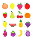 Set of different fruits in flat style. Peach, lemon, mango, wate