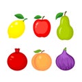 Set of different fruits. Lemon, apple, pear, pomegranate, peach,