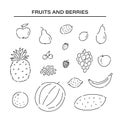 Set different fruits line doodle icons. Plant vegetarian diet foods vector sketch black isolated illustration on white