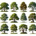 Set of different full realistic trees. Vector illustration, isolated on white background. Each tree must be spaced equally apart