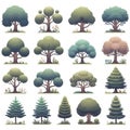 Set of different full realistic trees. Vector illustration, isolated on white background. Each tree must be spaced equally apart