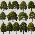 Set of different full realistic trees. Vector illustration, isolated on white background. Each tree must be spaced equally apart