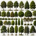 Set of different full realistic trees. Vector illustration, isolated on white background. Each tree must be spaced equally apart