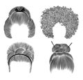 Set different funny women hairs . fringe pencil drawing sketch . japanese hairstile bun barrette . national fashion