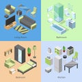 Set of different furniture elements for rooms in modern home. Vector isometric illustrations of kitchen, bedroom, living Royalty Free Stock Photo