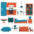 A set of different furniture, a refrigerator, kitchen furniture, a bed, sofas, chairs.