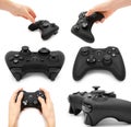 Set of different game controllers, woman hand holding gamepad. Isolated on white background